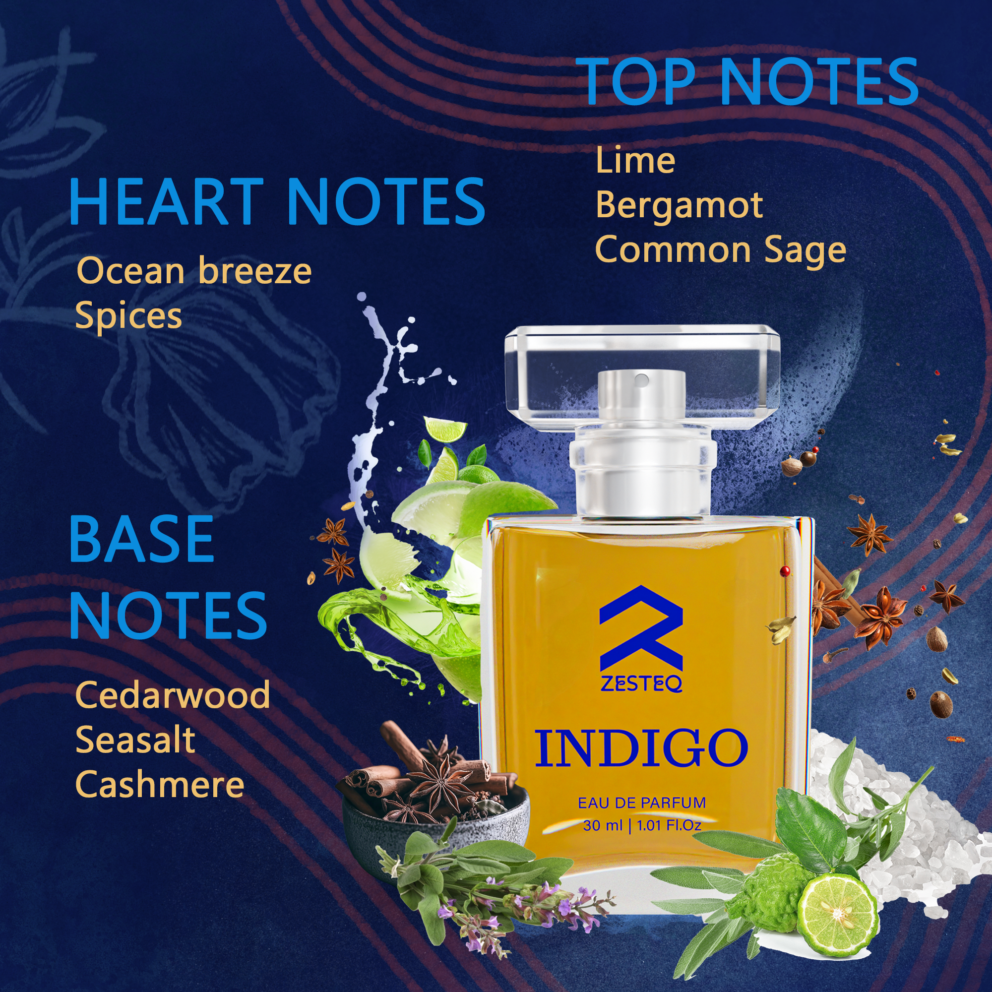 Zesteq Indigo Eau De Parfum (30 ml) | Mysterious &amp; Alluring Fragrance | Bold &amp; Distinctive | Luxury Perfume for Men