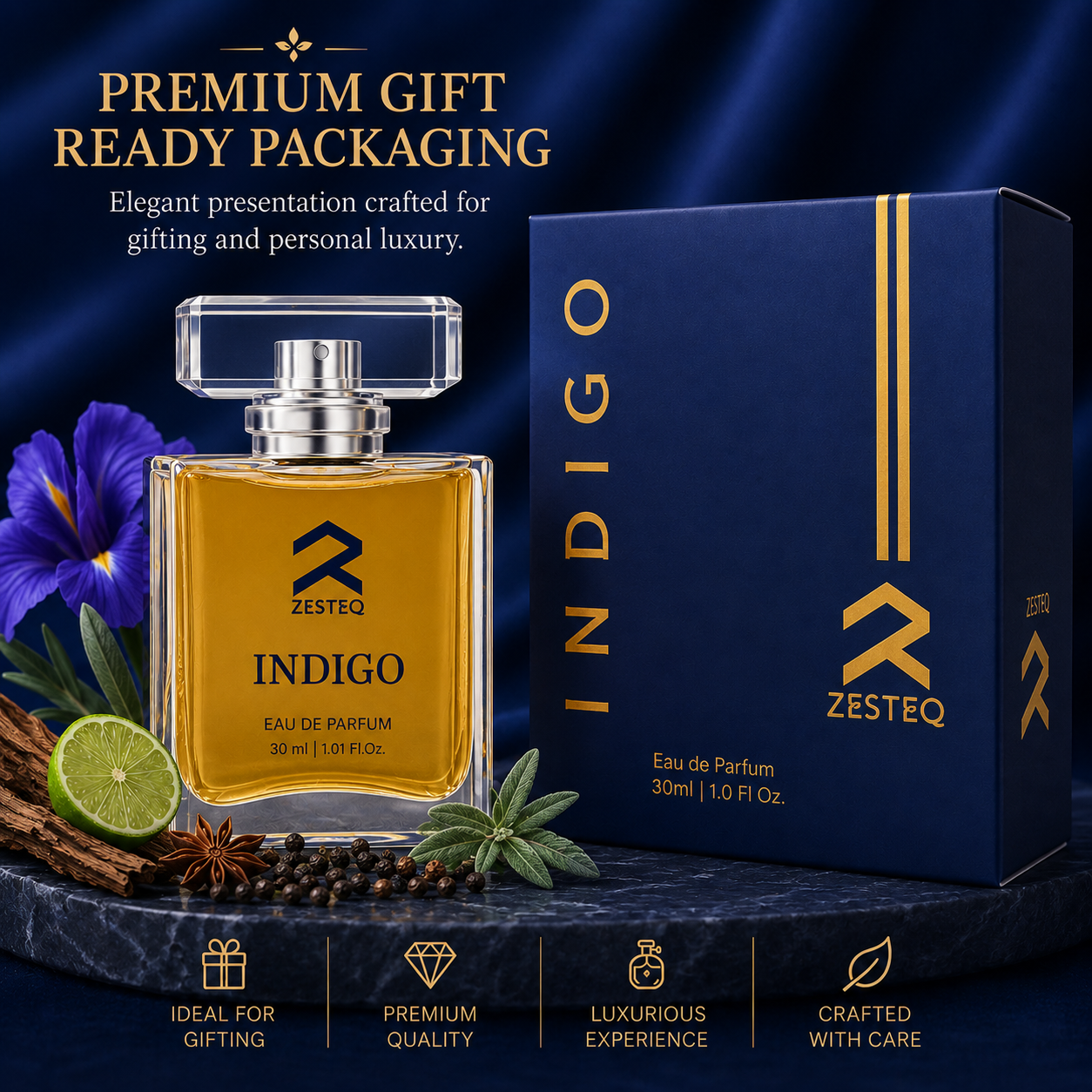 Zesteq Indigo Eau De Parfum (30 ml) | Mysterious &amp; Alluring Fragrance | Bold &amp; Distinctive | Luxury Perfume for Men