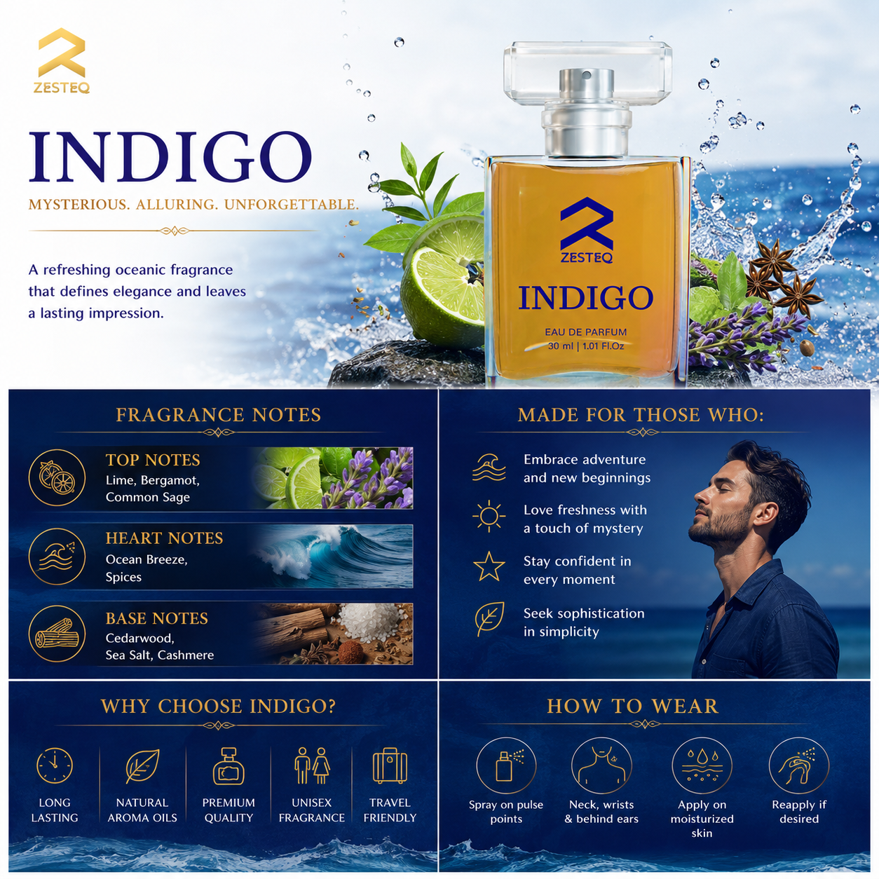 Zesteq Indigo Eau De Parfum (30 ml) | Mysterious &amp; Alluring Fragrance | Bold &amp; Distinctive | Luxury Perfume for Men