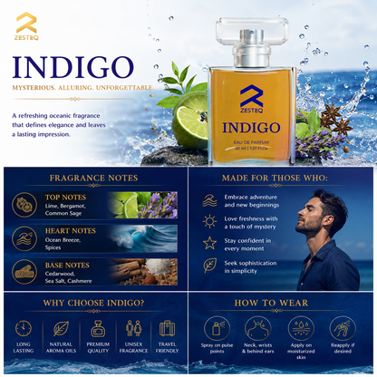 Zesteq Indigo Eau De Parfum (30 ml) | Mysterious &amp; Alluring Fragrance | Bold &amp; Distinctive | Luxury Perfume for Men