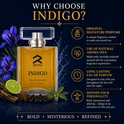 Zesteq Indigo Eau De Parfum (30 ml) | Mysterious &amp; Alluring Fragrance | Bold &amp; Distinctive | Luxury Perfume for Men
