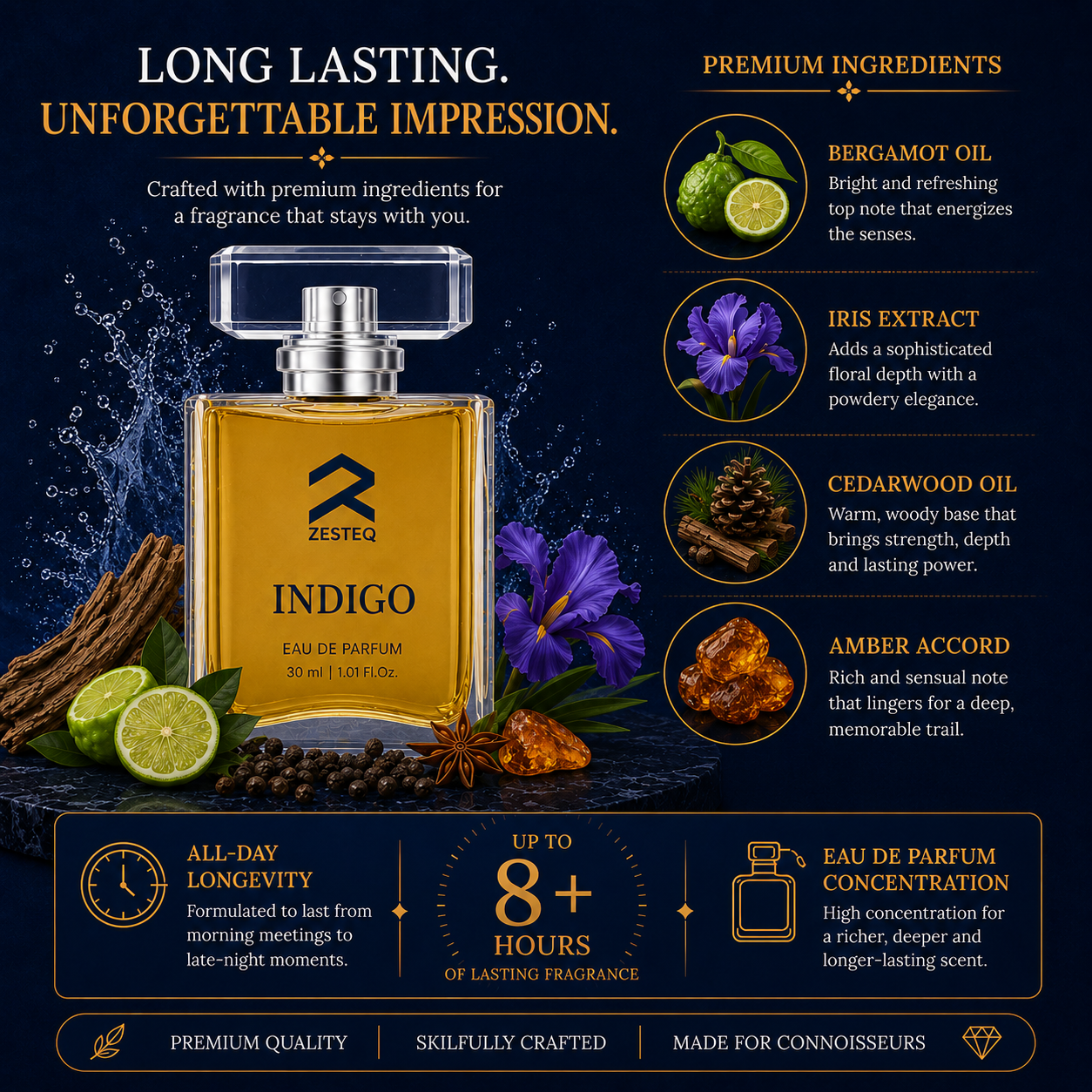 Zesteq Indigo Eau De Parfum (30 ml) | Mysterious &amp; Alluring Fragrance | Bold &amp; Distinctive | Luxury Perfume for Men