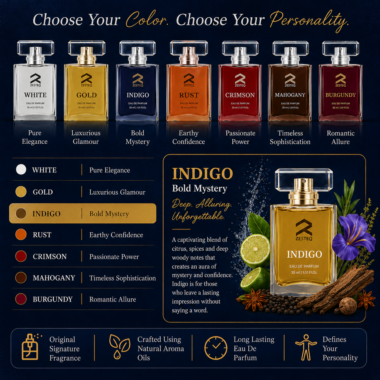 Zesteq Indigo Eau De Parfum (30 ml) | Mysterious &amp; Alluring Fragrance | Bold &amp; Distinctive | Luxury Perfume for Men