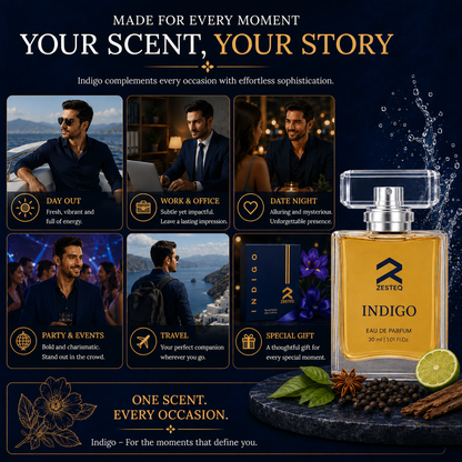 Zesteq Indigo Eau De Parfum (30 ml) | Mysterious &amp; Alluring Fragrance | Bold &amp; Distinctive | Luxury Perfume for Men