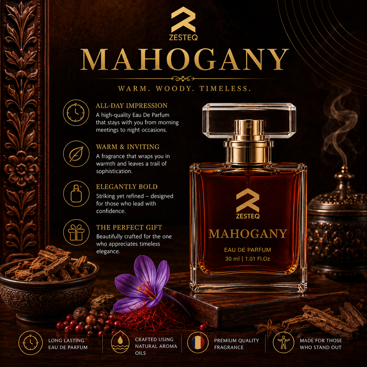 Zesteq Mahogany Eau De Parfum (30 ml) | Warm &amp; Woody Fragrance | Rich &amp; Inviting | Perfume for Men long lasting smell Mahogany