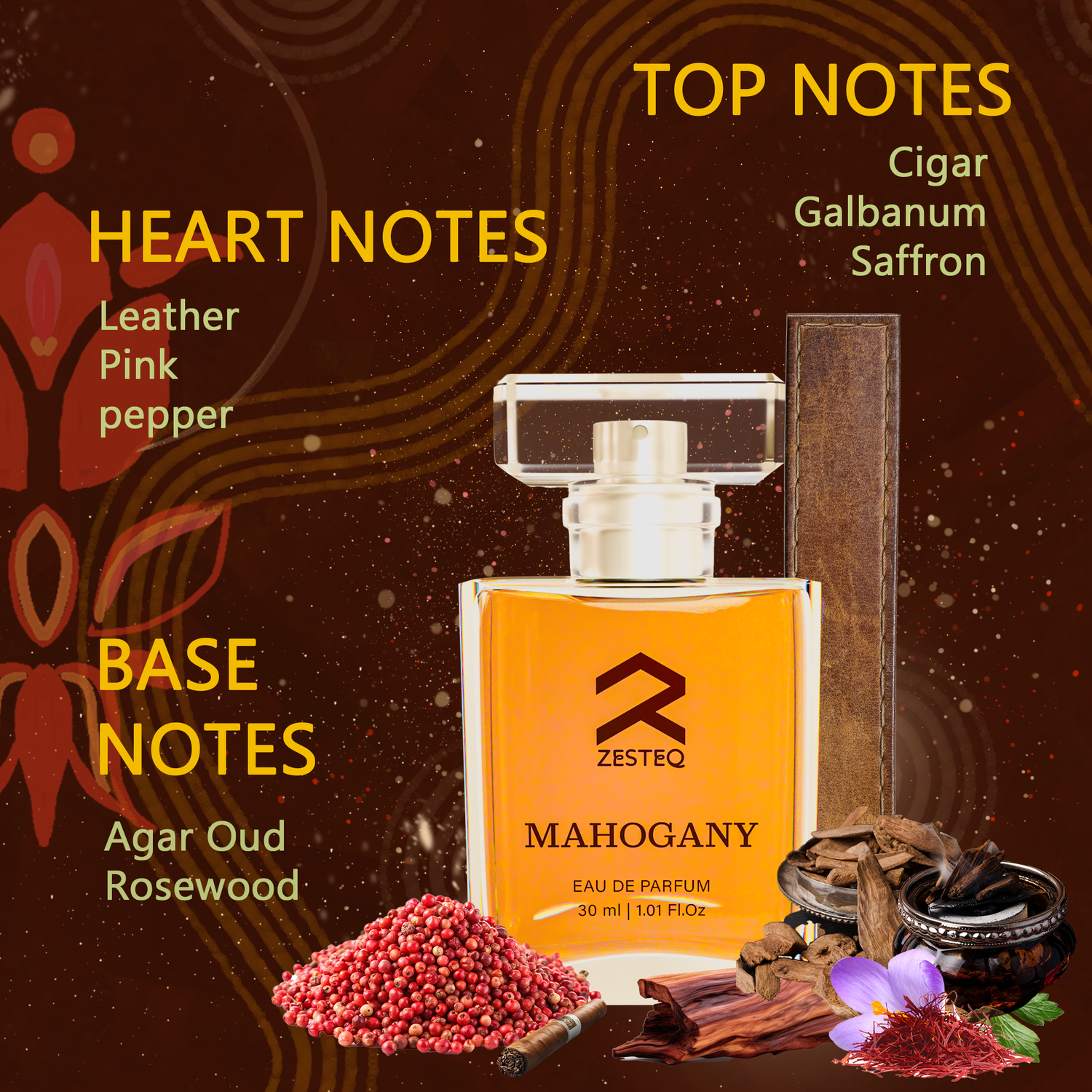 Zesteq Mahogany Eau De Parfum (30 ml) | Warm &amp; Woody Fragrance | Rich &amp; Inviting | Perfume for Men long lasting smell Mahogany