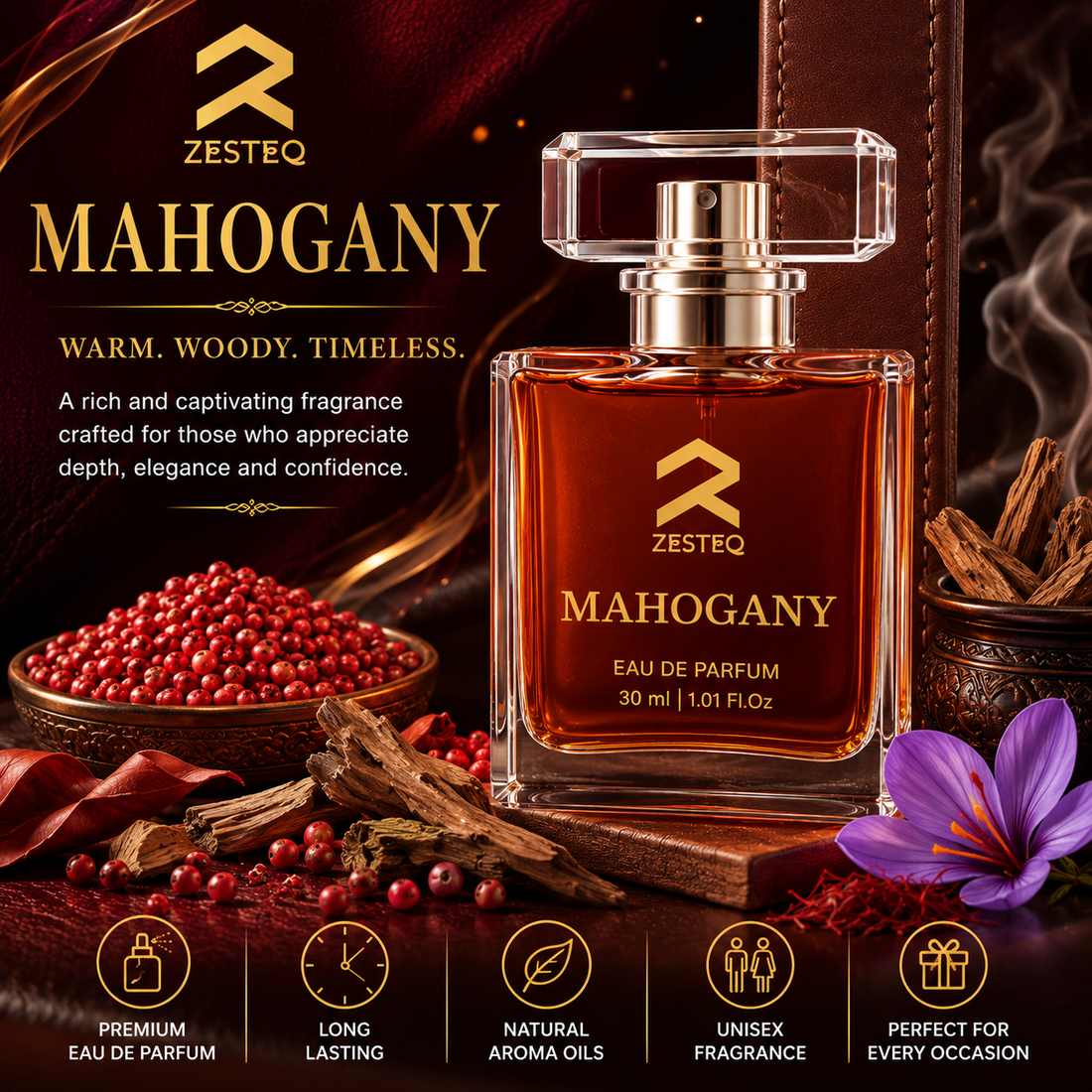 Zesteq Mahogany Eau De Parfum (30 ml) | Warm &amp; Woody Fragrance | Rich &amp; Inviting | Perfume for Men long lasting smell Mahogany