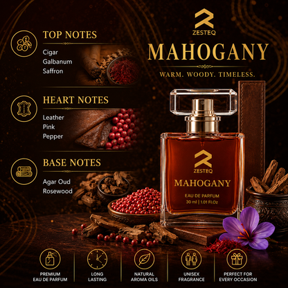 Zesteq Mahogany Eau De Parfum (30 ml) | Warm &amp; Woody Fragrance | Rich &amp; Inviting | Perfume for Men long lasting smell Mahogany