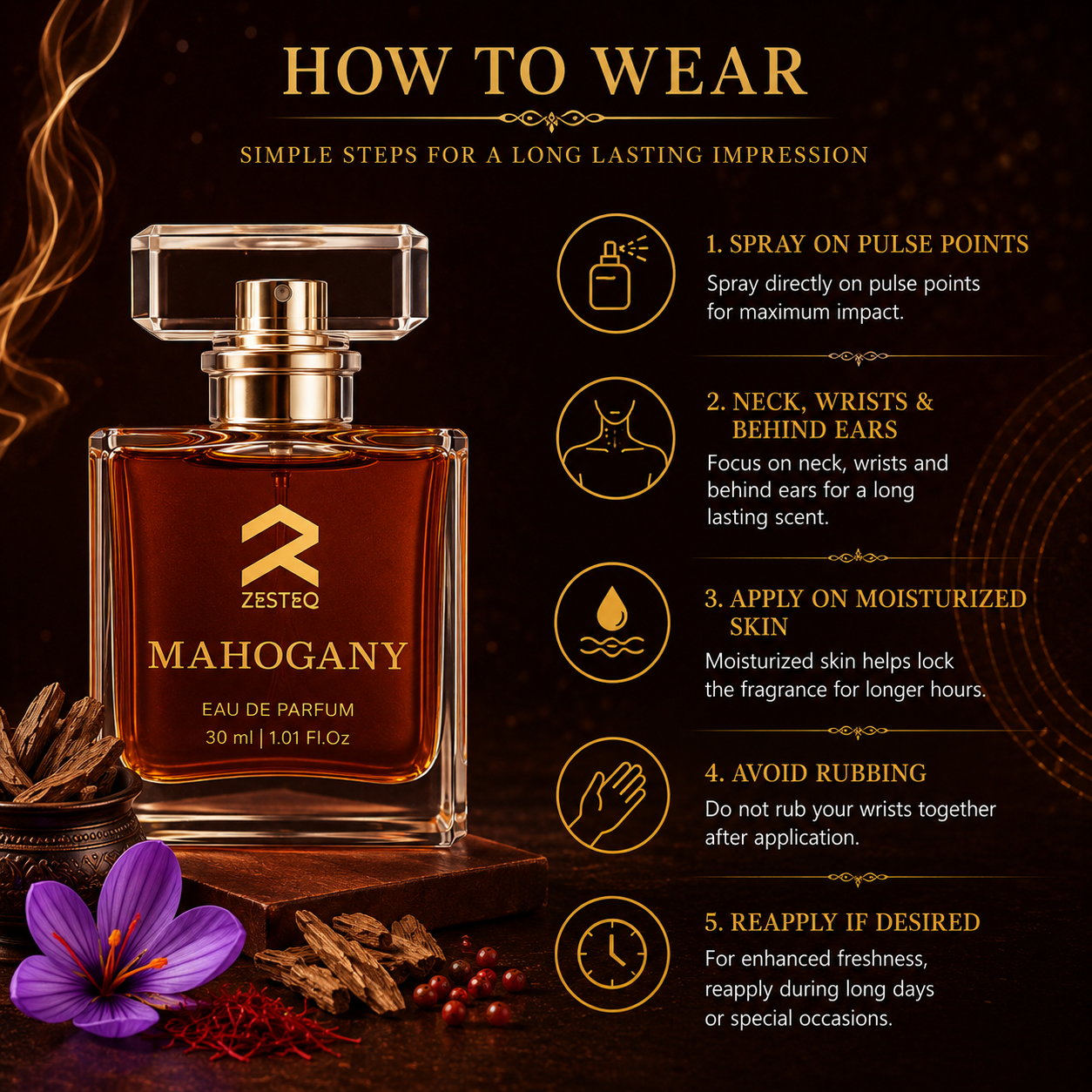 Zesteq Mahogany Eau De Parfum (30 ml) | Warm &amp; Woody Fragrance | Rich &amp; Inviting | Perfume for Men long lasting smell Mahogany
