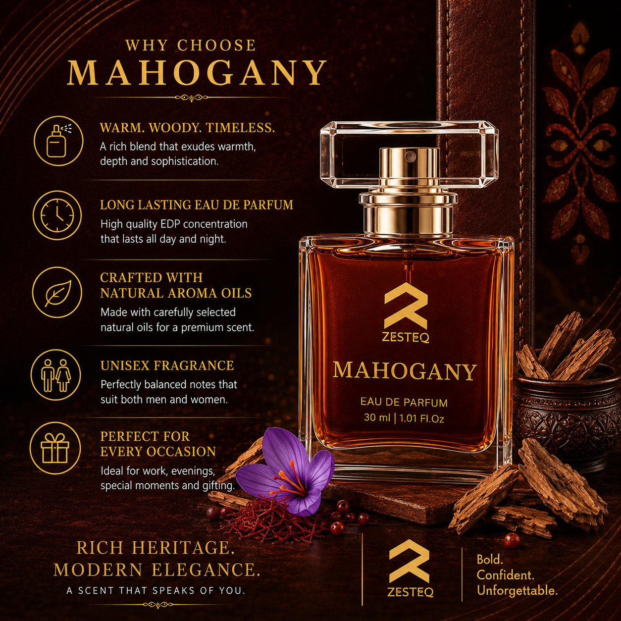 Zesteq Mahogany Eau De Parfum (30 ml) | Warm &amp; Woody Fragrance | Rich &amp; Inviting | Perfume for Men long lasting smell Mahogany