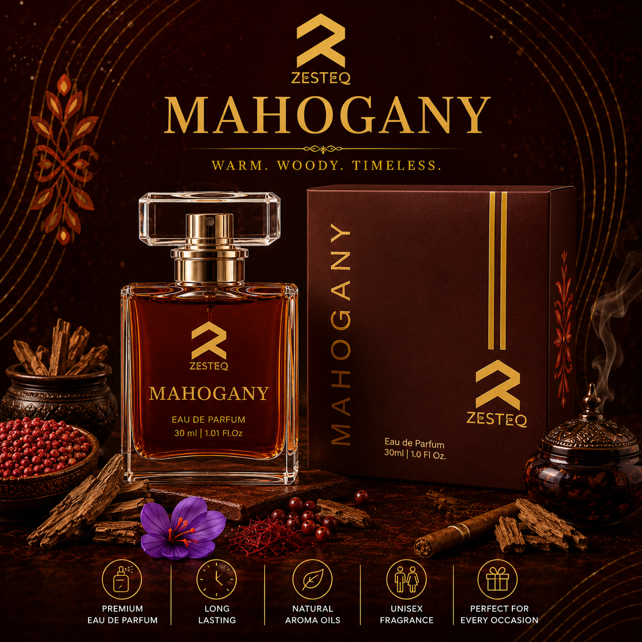 Zesteq Mahogany Eau De Parfum (30 ml) | Warm &amp; Woody Fragrance | Rich &amp; Inviting | Perfume for Men long lasting smell Mahogany