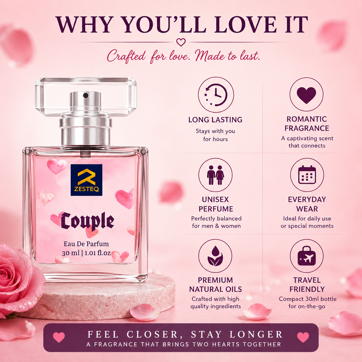 Zesteq Couple Eau de Parfum (30 ml)| Pheromone based mood enhancing perfume Unisex