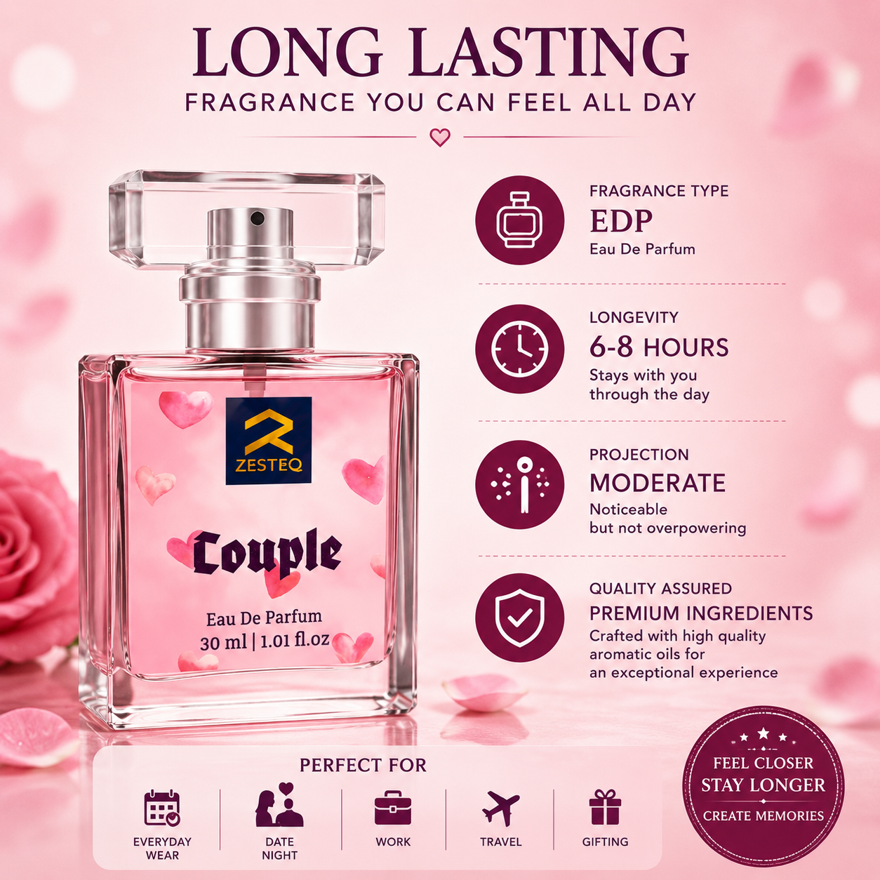 Zesteq Couple Eau de Parfum (30 ml)| Pheromone based mood enhancing perfume Unisex
