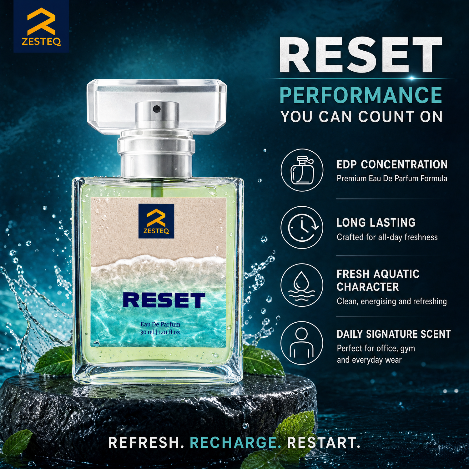 Zesteq Reset Eau de parfum (30 ml) | Energising &amp; Refreshing Perfume for Men