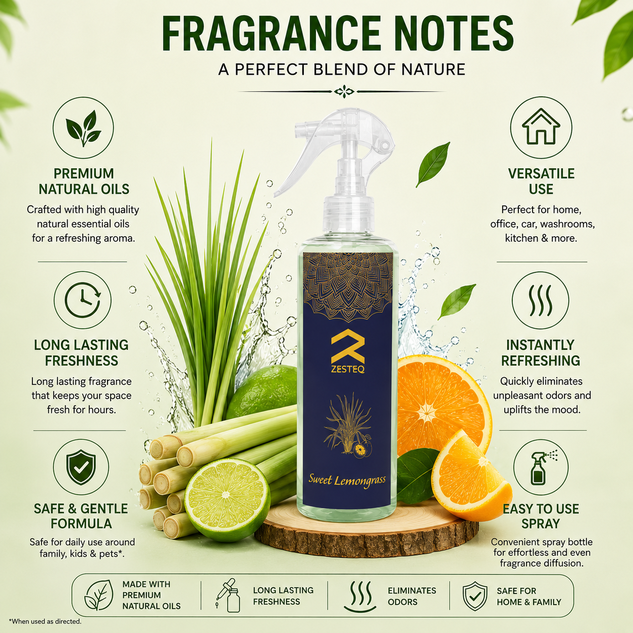 Zesteq Sweet Lemongrass Air Freshener  for Home, Car, Office, Washrooms, Made of Premium Natural oils (500 ml)
