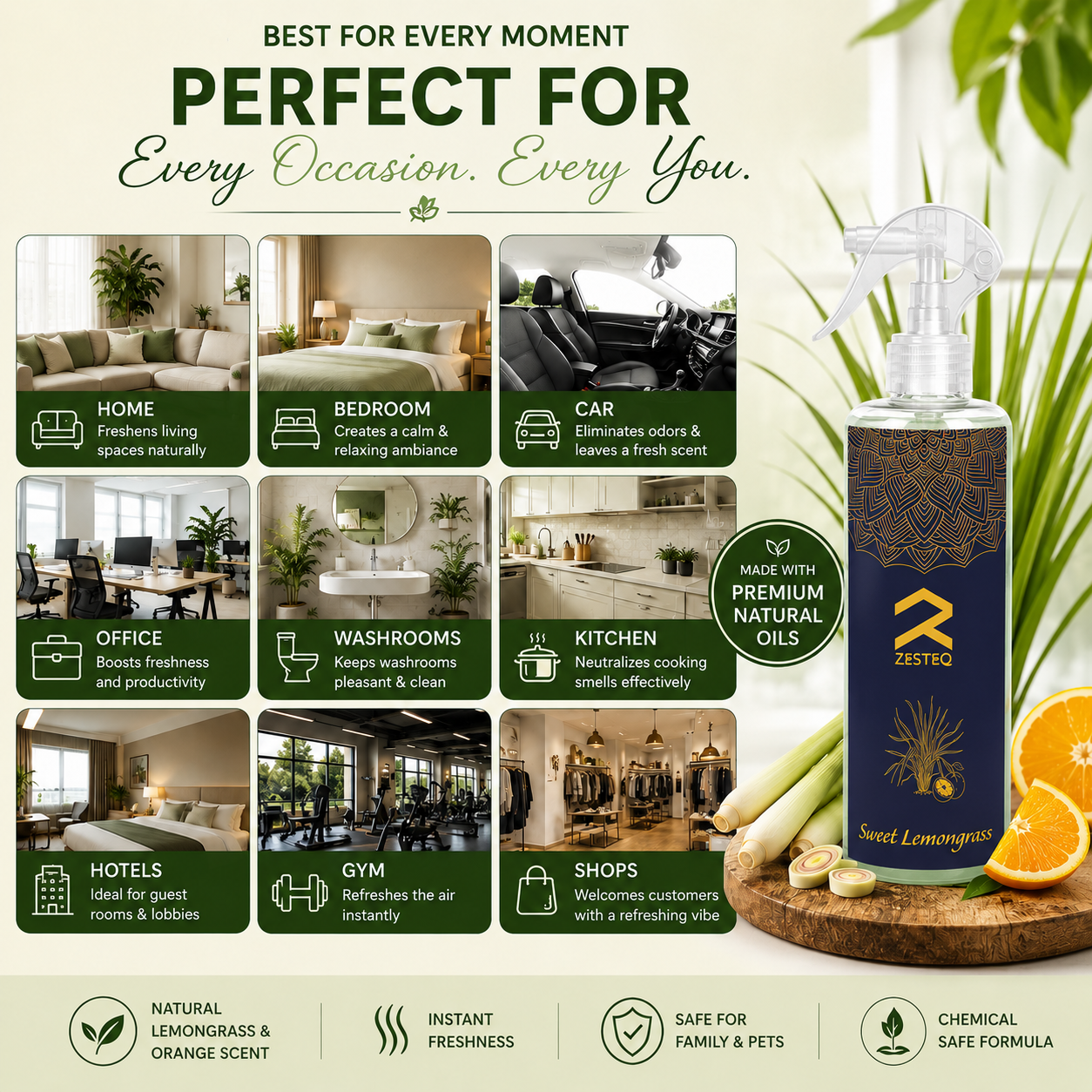 Zesteq Sweet Lemongrass Air Freshener  for Home, Car, Office, Washrooms, Made of Premium Natural oils (500 ml)