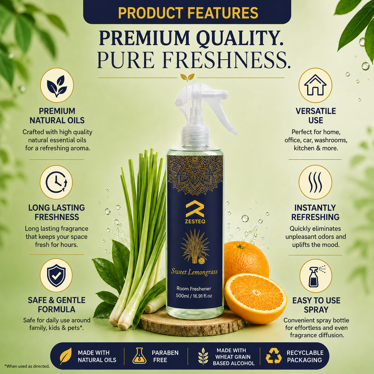 Zesteq Sweet Lemongrass Air Freshener  for Home, Car, Office, Washrooms, Made of Premium Natural oils (500 ml)