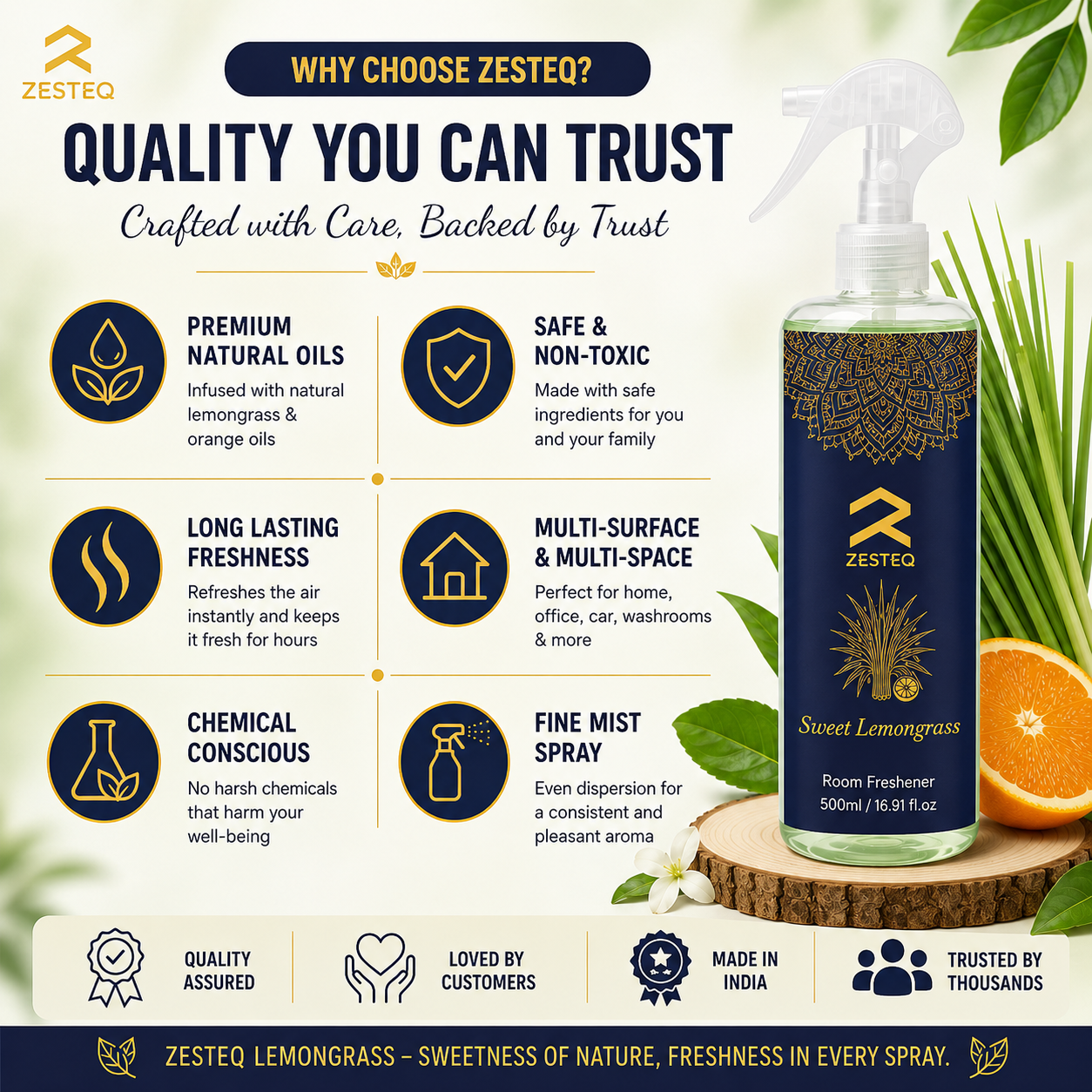 Zesteq Sweet Lemongrass Air Freshener  for Home, Car, Office, Washrooms, Made of Premium Natural oils (500 ml)