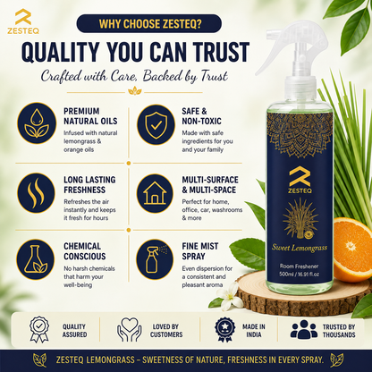 Zesteq Sweet Lemongrass Air Freshener  for Home, Car, Office, Washrooms, Made of Premium Natural oils (500 ml)