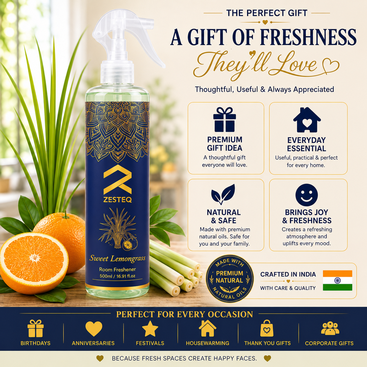 Zesteq Sweet Lemongrass Air Freshener  for Home, Car, Office, Washrooms, Made of Premium Natural oils (500 ml)