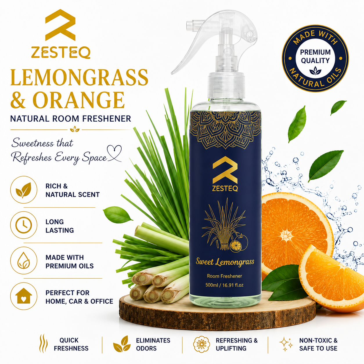Zesteq Sweet Lemongrass Air Freshener  for Home, Car, Office, Washrooms, Made of Premium Natural oils (500 ml)