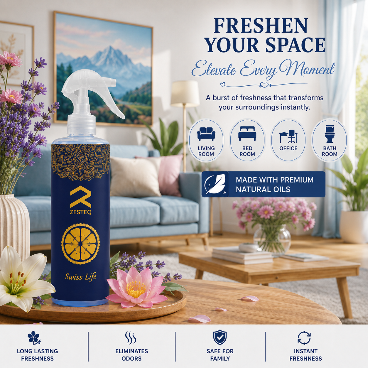 Zesteq Swiss Life Room Freshener for House, Office, Washrooms, Car, Made up of premium natural oils (500 ml)
