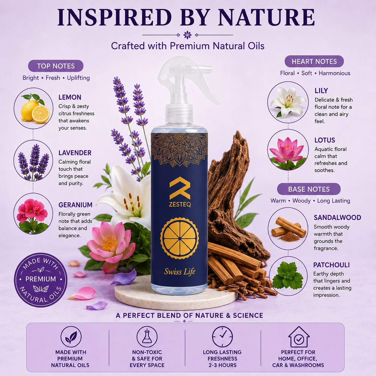 Zesteq Swiss Life Room Freshener for House, Office, Washrooms, Car, Made up of premium natural oils (500 ml)
