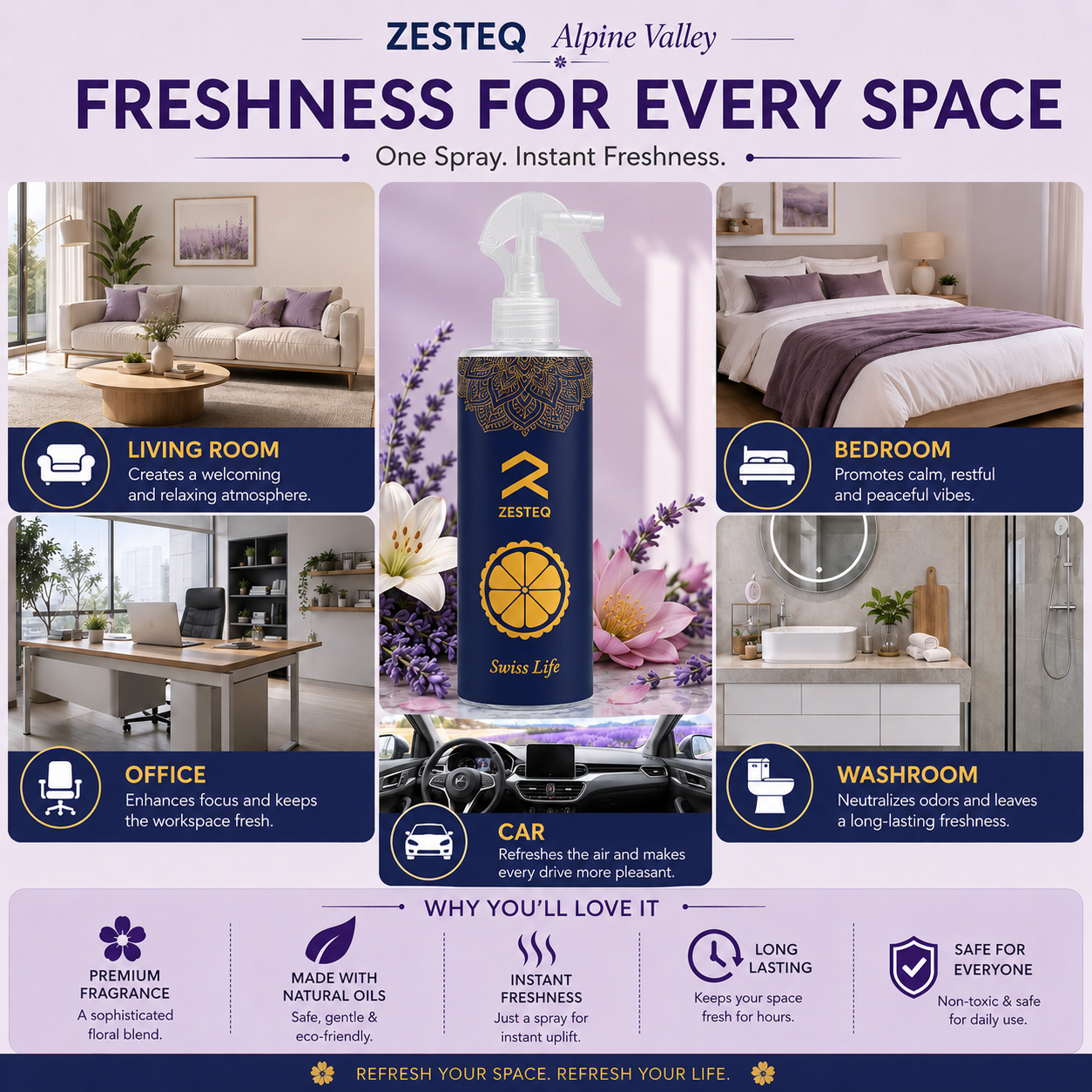Zesteq Swiss Life Room Freshener for House, Office, Washrooms, Car, Made up of premium natural oils (500 ml)