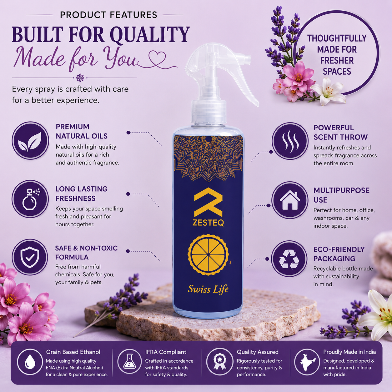 Zesteq Swiss Life Room Freshener for House, Office, Washrooms, Car, Made up of premium natural oils (500 ml)