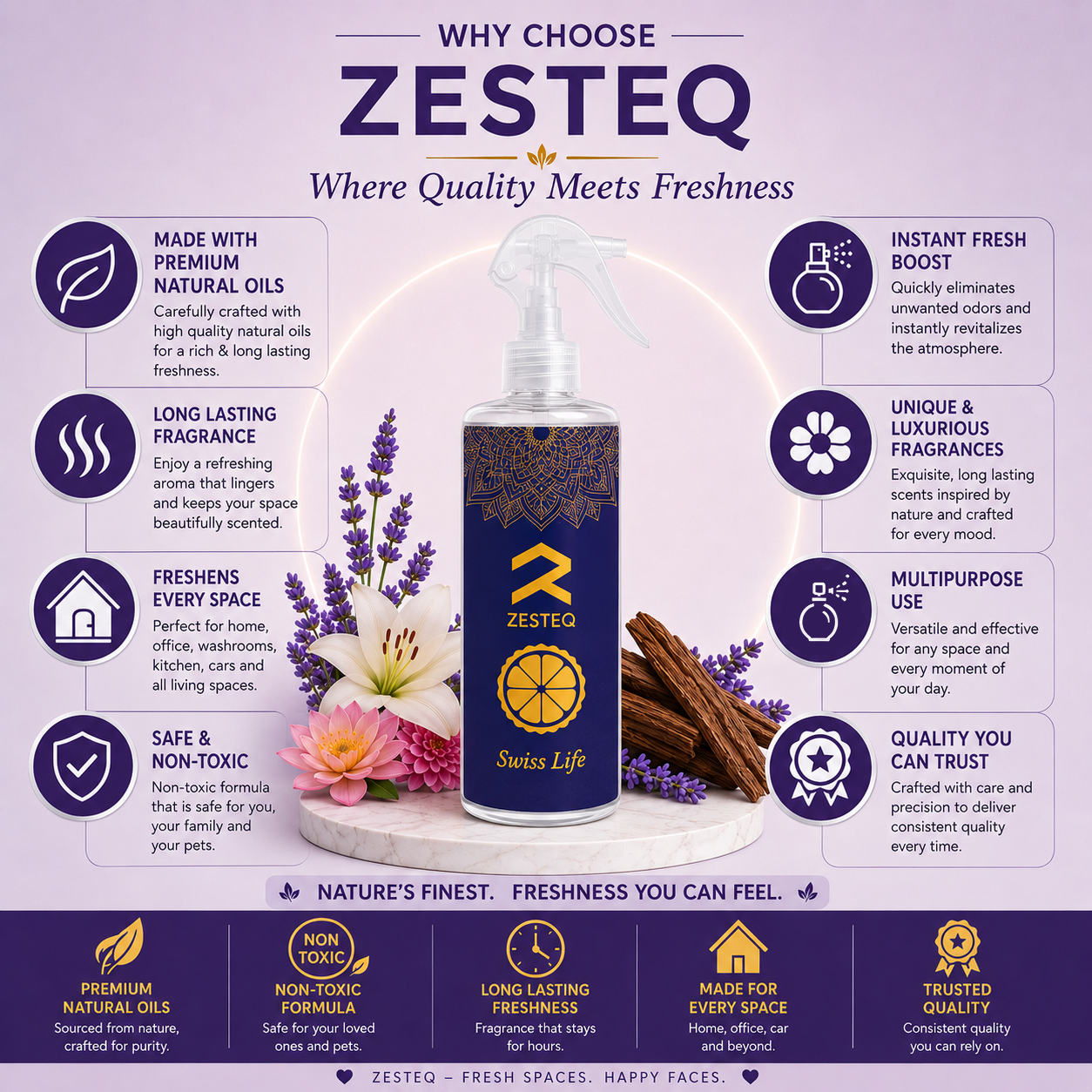 Zesteq Swiss Life Room Freshener for House, Office, Washrooms, Car, Made up of premium natural oils (500 ml)