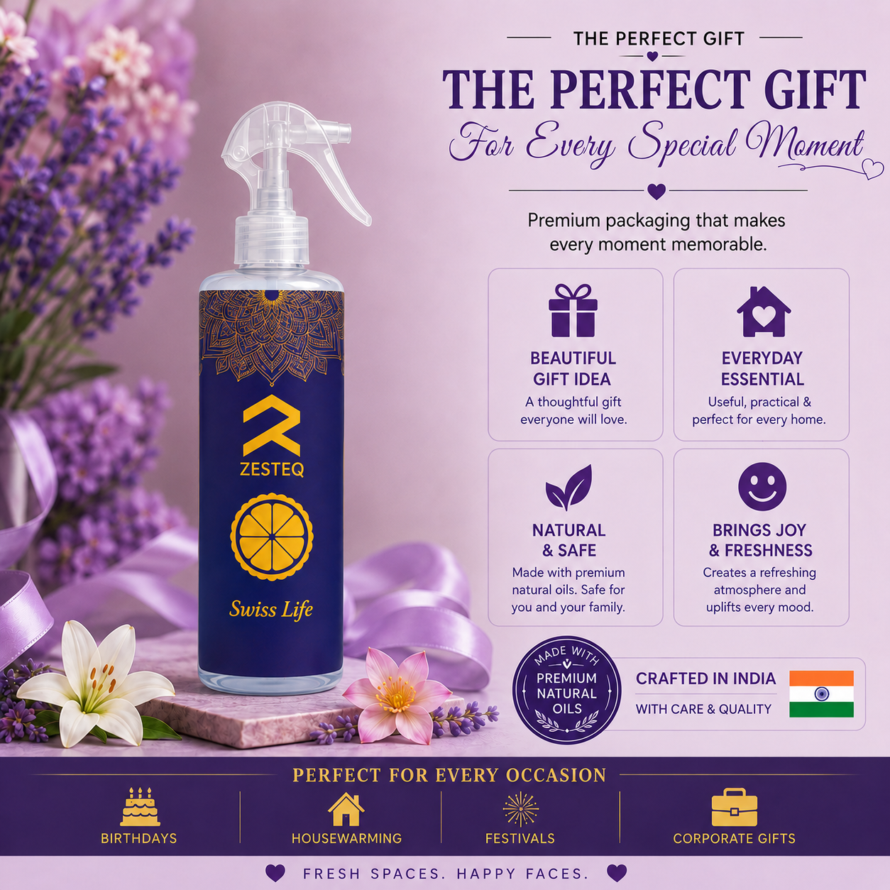 Zesteq Swiss Life Room Freshener for House, Office, Washrooms, Car, Made up of premium natural oils (500 ml)