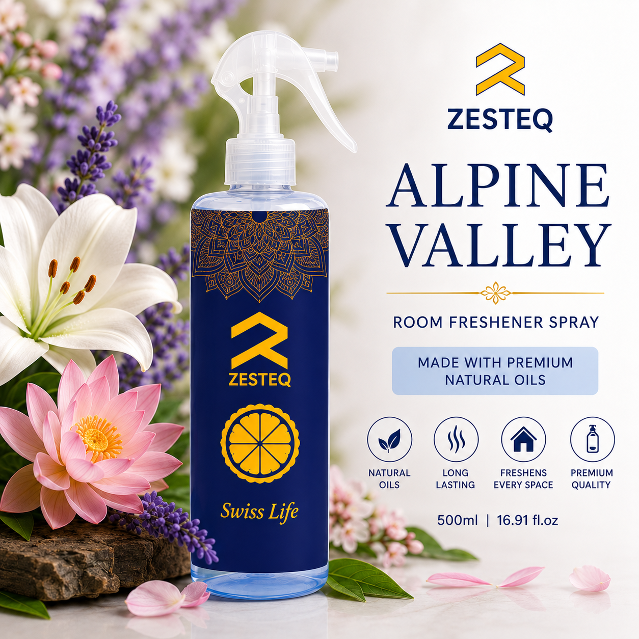 Zesteq Swiss Life Room Freshener for House, Office, Washrooms, Car, Made up of premium natural oils (500 ml)