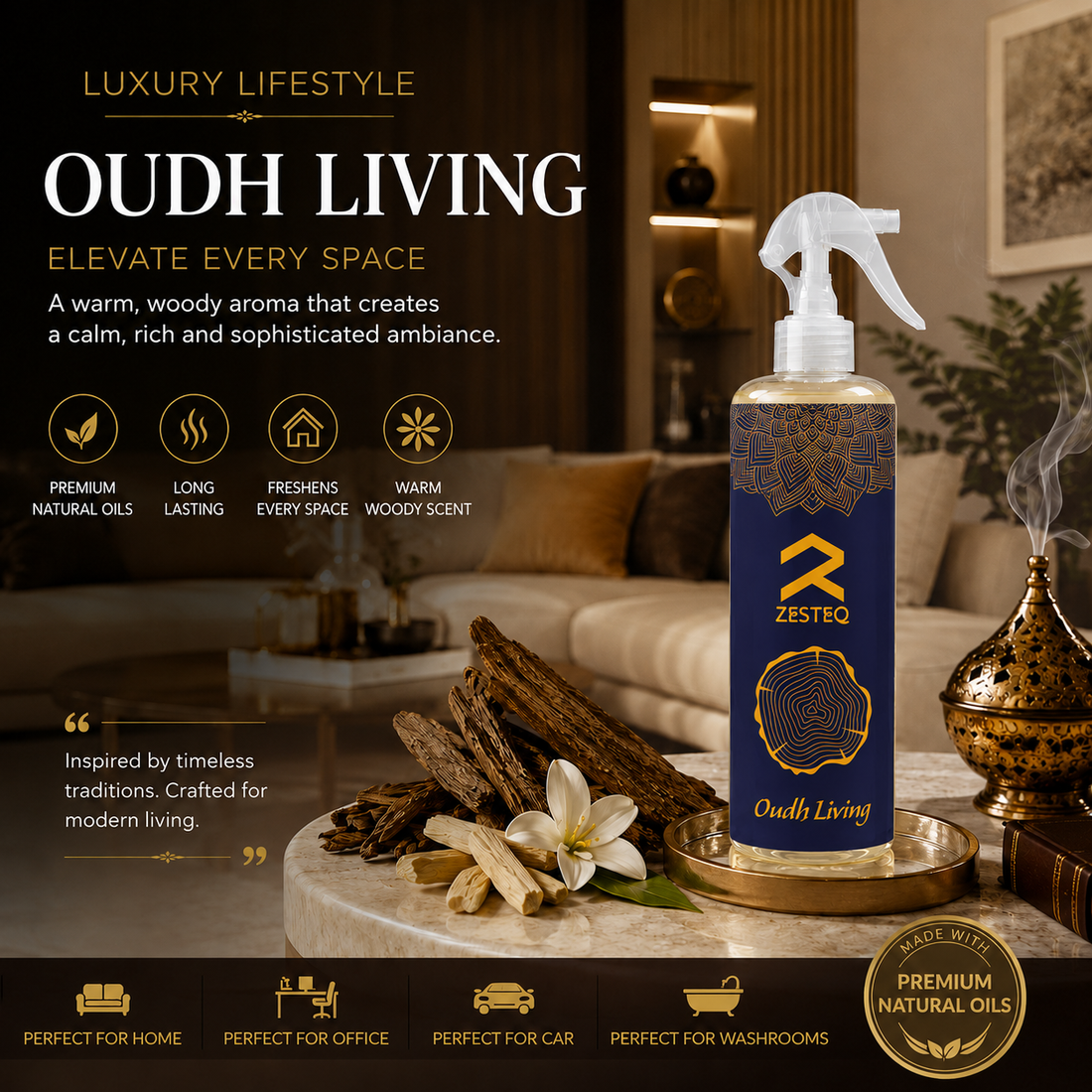 Zesteq Oudh Living Room Freshener for House, Office, Washrooms, Car, Made up of premium natural oils (500 ml)