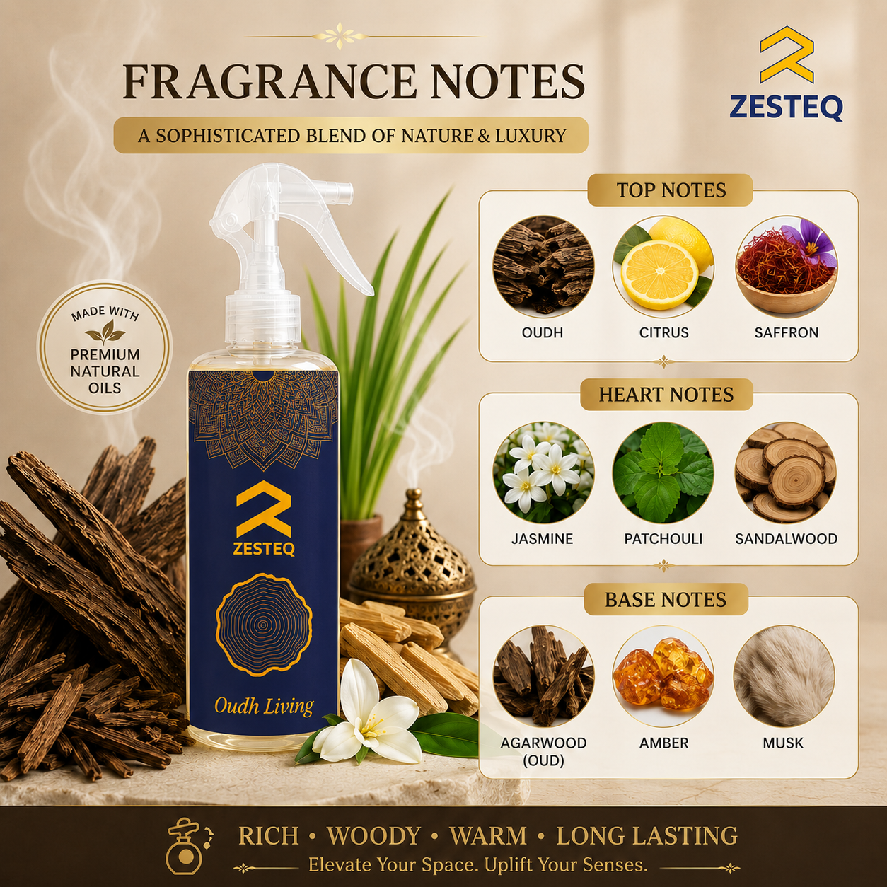 Zesteq Oudh Living Room Freshener for House, Office, Washrooms, Car, Made up of premium natural oils (500 ml)