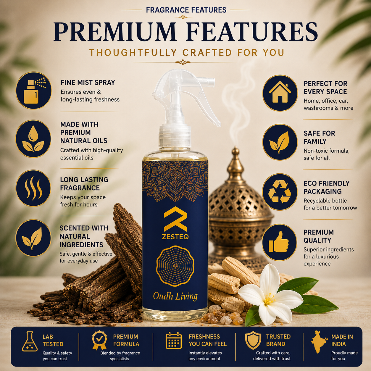 Zesteq Oudh Living Room Freshener for House, Office, Washrooms, Car, Made up of premium natural oils (500 ml)