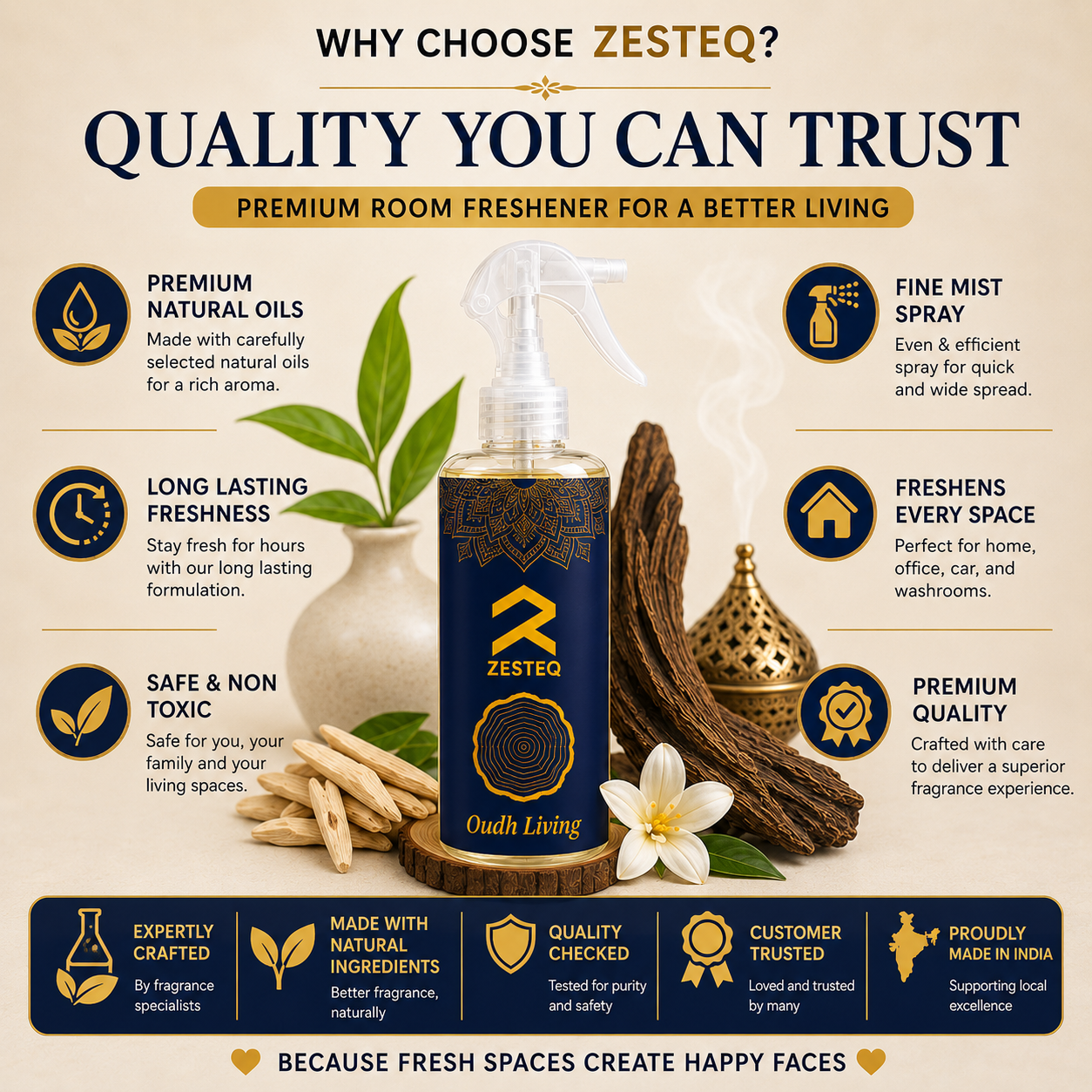 Zesteq Oudh Living Room Freshener for House, Office, Washrooms, Car, Made up of premium natural oils (500 ml)