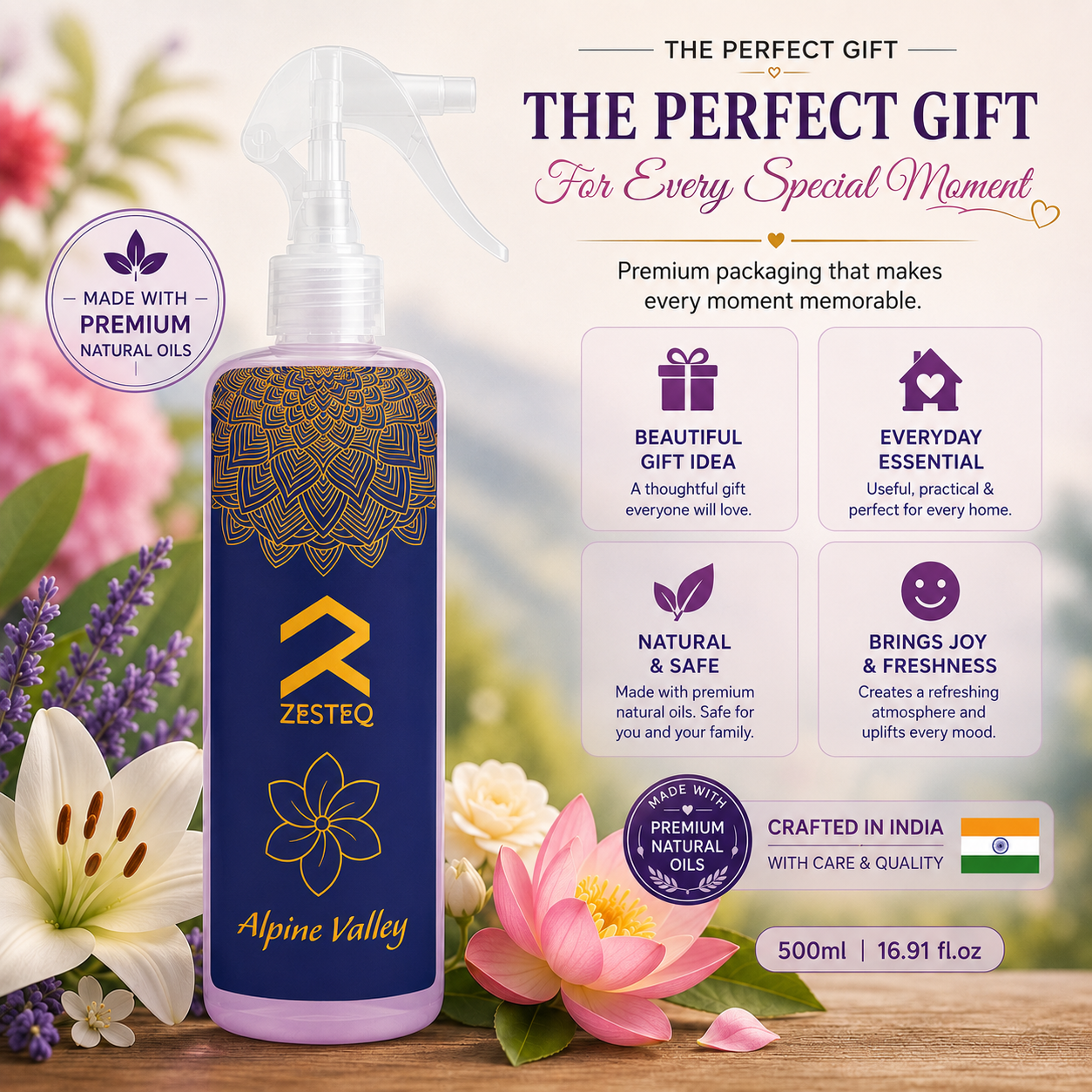 Zesteq Alpine valley Air Freshener for Home, Office, Washrooms, Car, Made up of premium natural oils (500 ml)