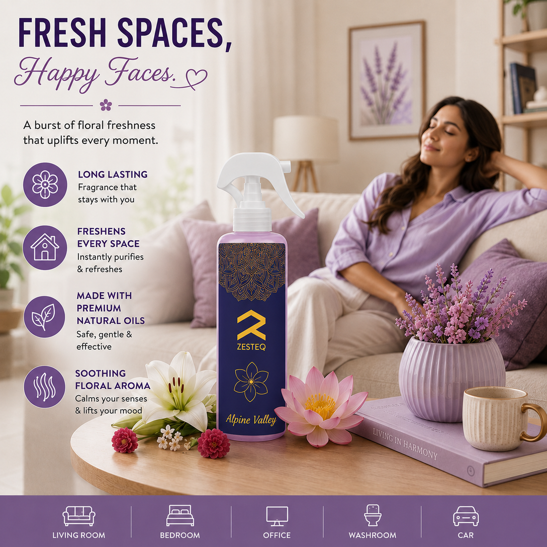 Zesteq Alpine valley Air Freshener for Home, Office, Washrooms, Car, Made up of premium natural oils (500 ml)