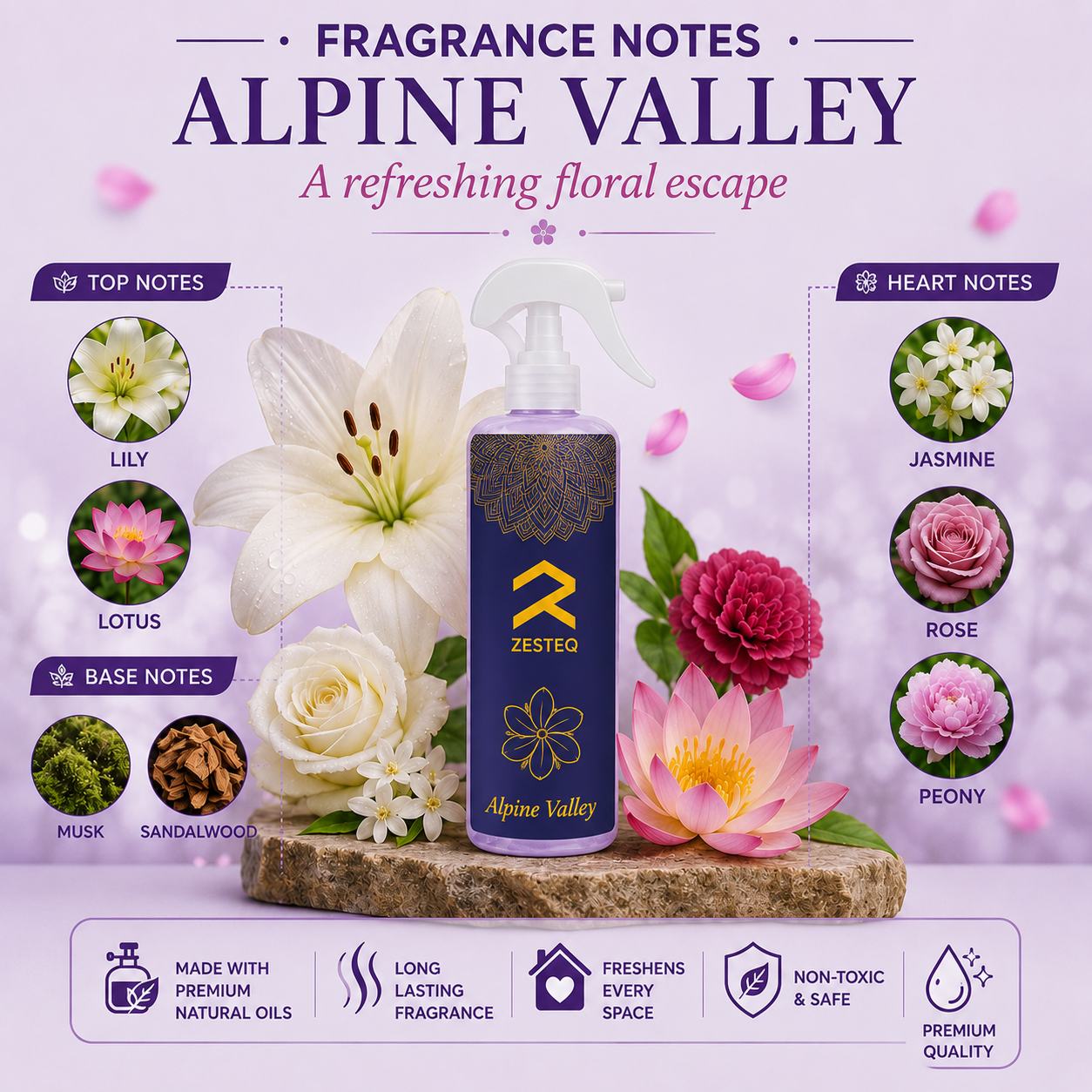 Zesteq Alpine valley Air Freshener for Home, Office, Washrooms, Car, Made up of premium natural oils (500 ml)