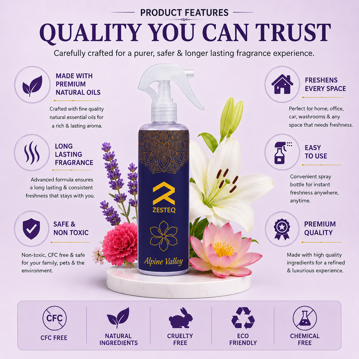 Zesteq Alpine valley Air Freshener for Home, Office, Washrooms, Car, Made up of premium natural oils (500 ml)