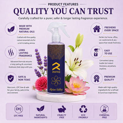 Zesteq Alpine valley Air Freshener for Home, Office, Washrooms, Car, Made up of premium natural oils (500 ml)