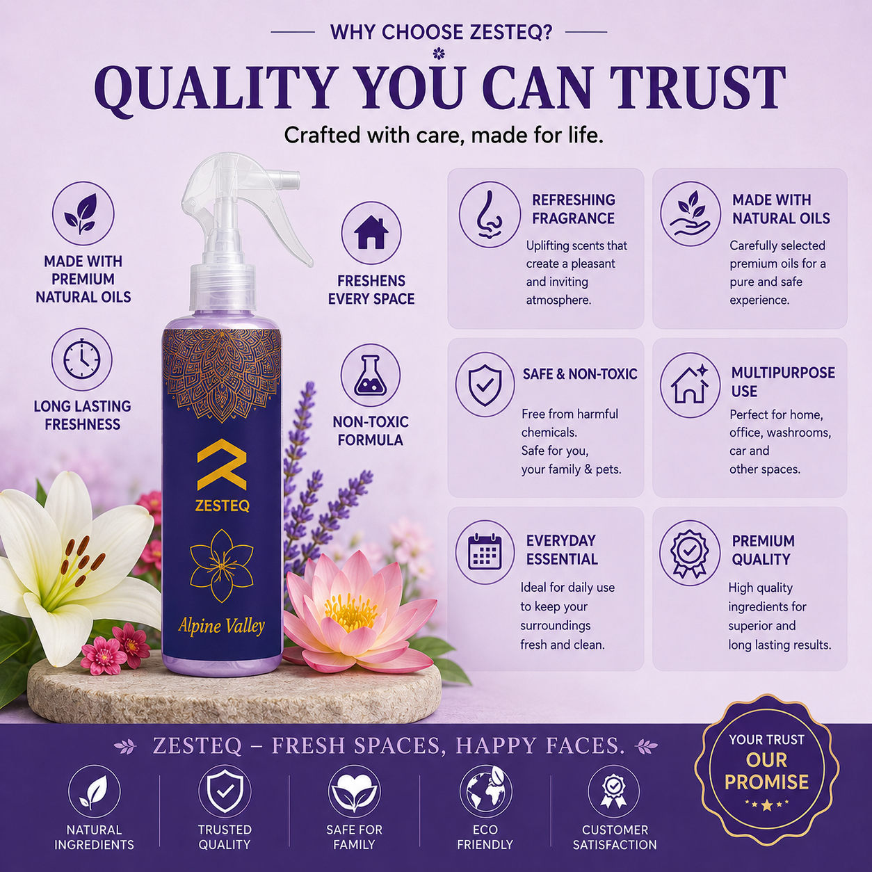 Zesteq Alpine valley Air Freshener for Home, Office, Washrooms, Car, Made up of premium natural oils (500 ml)