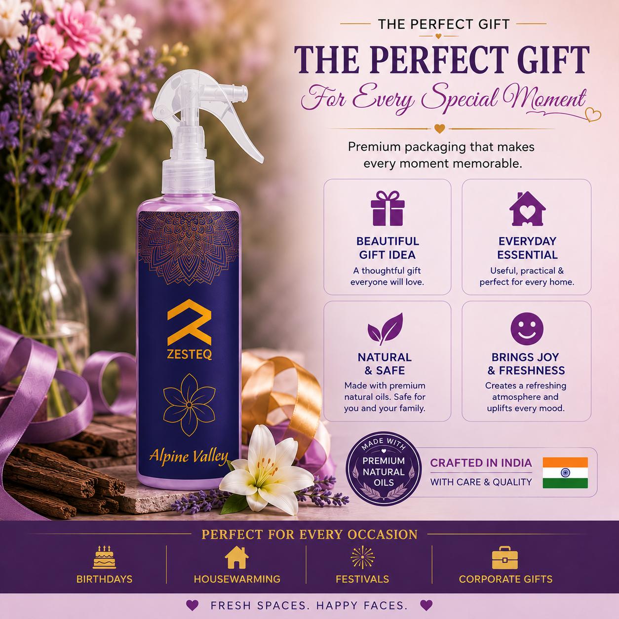 Zesteq Alpine valley Air Freshener for Home, Office, Washrooms, Car, Made up of premium natural oils (500 ml)