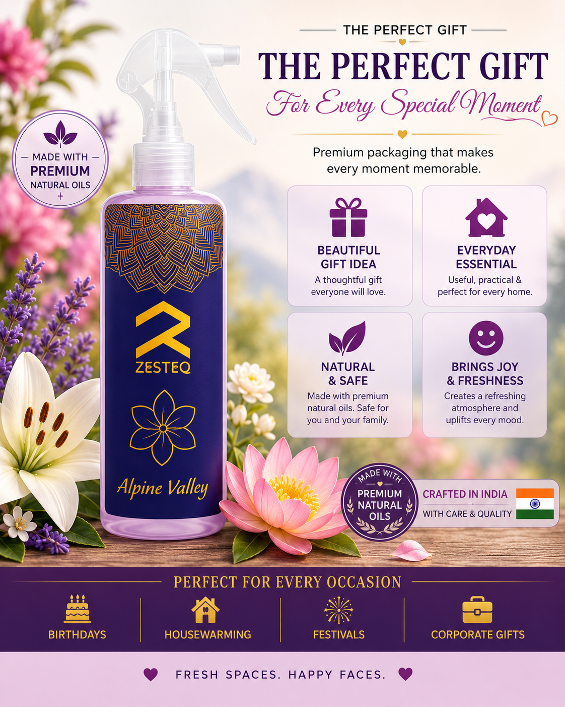 Zesteq Alpine valley Air Freshener for Home, Office, Washrooms, Car, Made up of premium natural oils (500 ml)